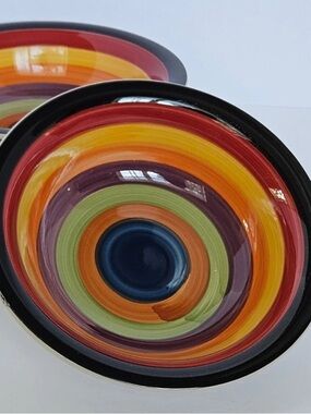 4 Hand-Painted Multicolor Ceramic Bowl - Vibrant Rainbow Stripes